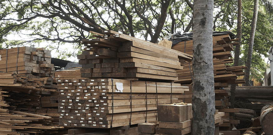 Teak blocks and planks unloaded in yard